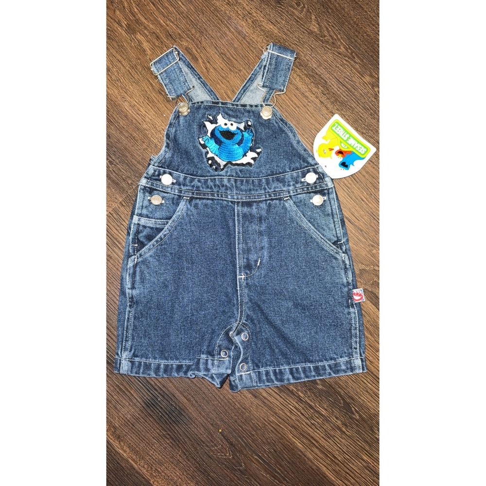 Vintage 90s Sesame Street Cookie Monster Denim Shortalls Overalls 12M NWT